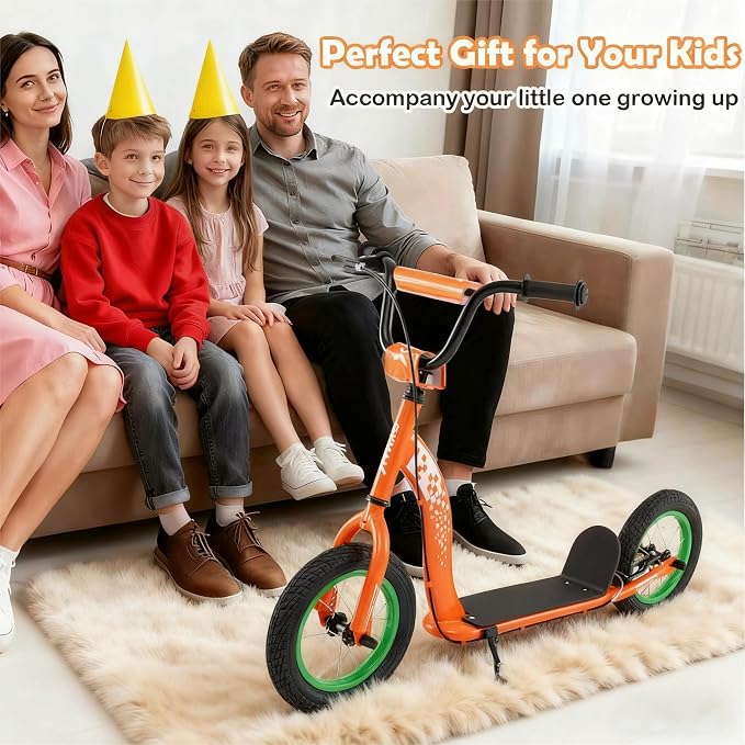 GYMAX Scooter, Kick Scooter for Adults, Teens, Kids with Adjustable Handlebar, 12” Inflatable Wheels, Front Caliper Brake & Non-Slip Deck, Heavy Duty Off-Road Scooter