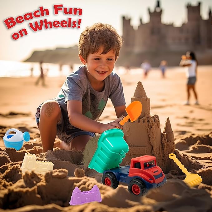Kiddie Play Beach Toys Sand Toys for Kids, Beach Dump Truck Set Includes Sand Castle Molds, Shovel, Rake, Watering Can