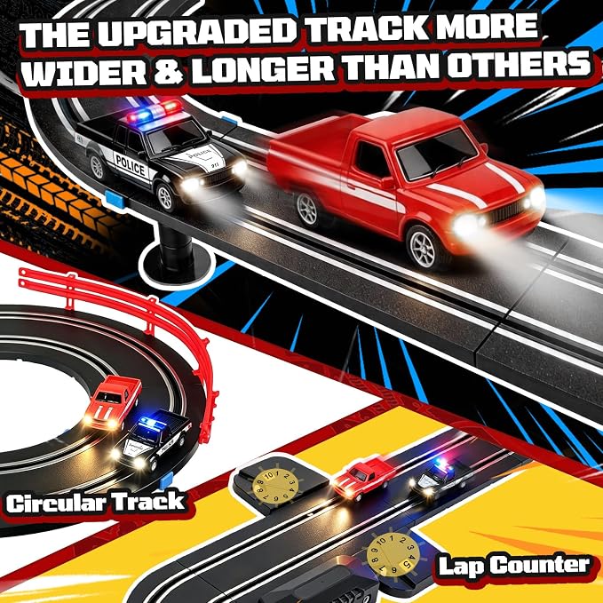 3 IN 1 Slot Car Race Track Set 1:87 with 4 High Speed Vintage Pickup Trucks, Electric Battery Dual Race, 2 Controllers, Lap Counter, Overpass, Loop Crossover, Toys Gifts for Kids Teens Adults All Ages