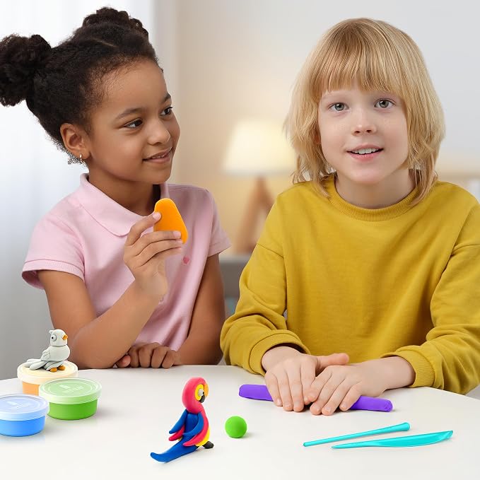 HEY CLAY Colorful Modeling Air Dry Clay for Kids 6 cans with Fun Interactive Instructions App - Kids Activities Age 3+ (Birds: Pheasant, Ara Parrot, Dove)