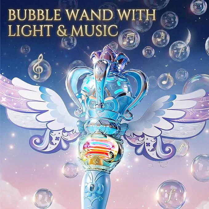 Uregoio Princess Bubble Wands Machine for Kids with Rotating Design, Outdoor Bubble Maker Toys for Kids Ages 4-8, Rechargeable Light Up & Music Fairy Wands, Party Birthday for 3+ Year Old Girls(Blue)