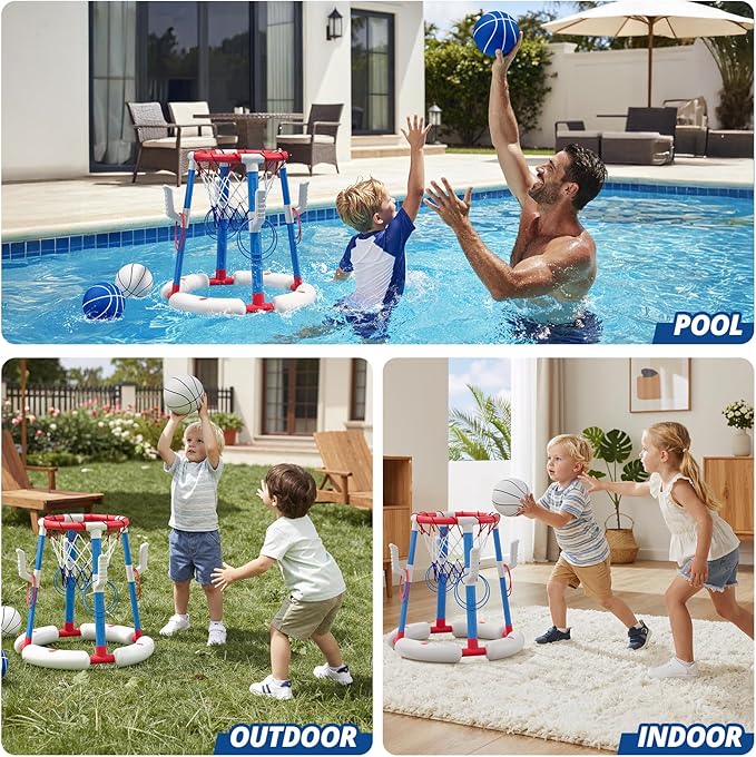 HYES 2 in 1 Pool Basketball Hoop with Ring Toss, Floating Pool Toys - Anti-Tip Stable Base - with 4 Balls/8 Rings/Pump - Summer Water Basketball Games Indoor Outdoor Gifts for Kids 4-8 & Adults, Red