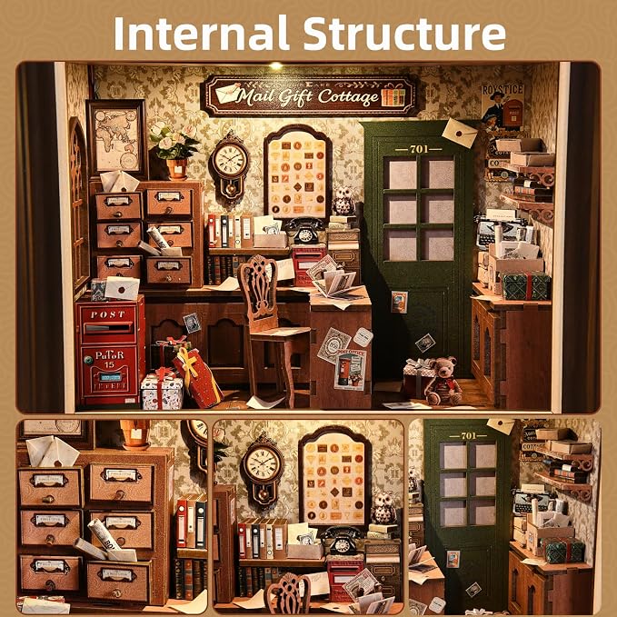 Book Nook Kit-3D Wooden Puzzle with LED Touch Control & Wall-Mountable Frame,DIY Miniature House for Beginners,Bookshelf/Tabletop/Wall Decor for Craft Lovers,Dollhouse Gift,Mail Gift Cottage