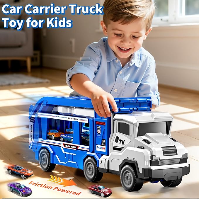 3-in-1 Kids Carrier Truck Toy Car Tracks for Toddlers 2-4 Years Old with 12 Racing Cars Toys, Foldable Chasing Race Track and Car Garage, Car Ramps Birthday Gift for Boys Girls 3-5 4-8(Blue)