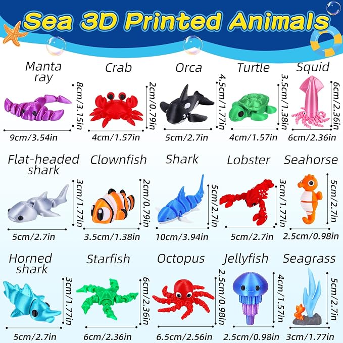 ywevyezc 25 Pcs 3D Printed Ocean Animals Set, Flexible Articulated Mini Sea Animal Figurines Fidget Toy Desk Pets, Ideal for Party Favors Birthday Gifts Office Desktop Home Decor