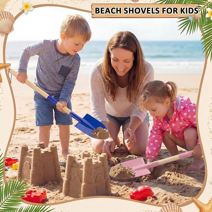 4 Pcs Detachable Kids Beach Shovels, 27" Long Kids Gardening Tools Bulk Metal Sand Shovels with Wooden Handle for Digging Shoveling Sand Snow Gardening Tools Beach Toys Gifts (Blue, Pink)