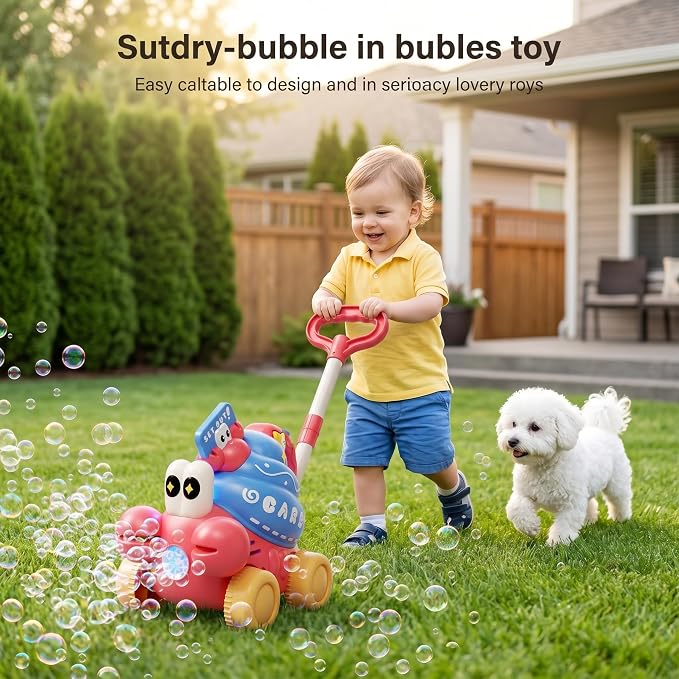 Crab Bubble Machine for Kids,Handheld or Push Bubble Maker Blower,Bubble Lawn Mower W/Lights,Outdoor Toys Birthday Gift for Toddlers Boys Girls 3 4 5 6 Years Old (USB Rechargeable)