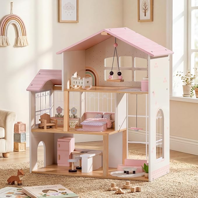 ROBOTIME Wooden Doll House, Dollhouse with 6 Open Rooms, 37 Pcs DIY Modular Doll House Furniture Accessories, Pretend Dollhouse Creative Gift for Girl Ages 3+ (Pink)