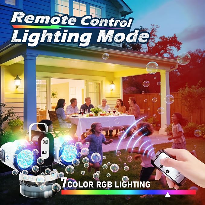 Dual-Engine Bubble Machine with Auto Rotation & RGB Lights & Remote Control,1800mA Type-C Rechargeable,700mL Tank,Bubble Maker for Kids, Party, Wedding, Backyard Outdoor Toy