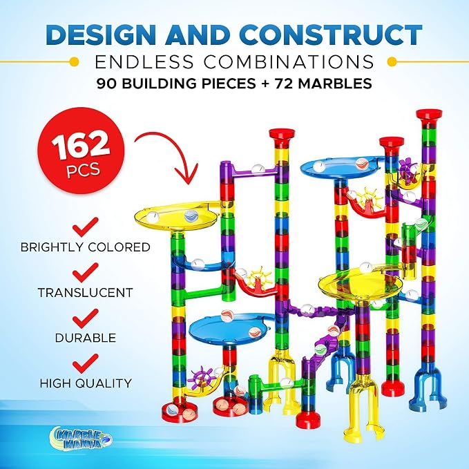 Marble Mania 162 Piece Marble Run Plus Storage Tub for Kids 4-8 Year Old | Storage Tub Included, 162 Pieces, Construction Toys, Educational STEM Toys For 4+ Year Olds