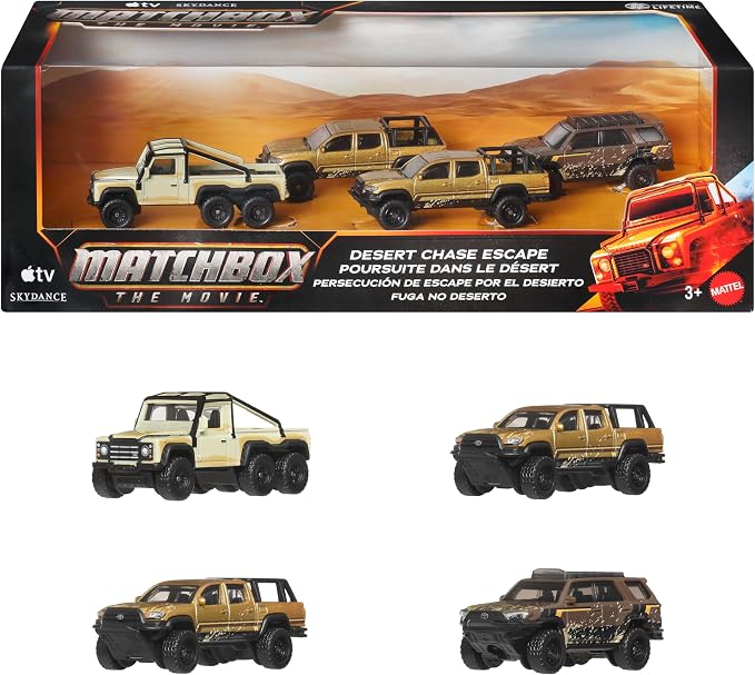 Matchbox Toy Cars, Desert Chase Escape 4-Pack of 1:64 Scale Die-Cast SUVs from the Movie, Includes Toyota 4Runner with Exclusive Deco, Collectible Set