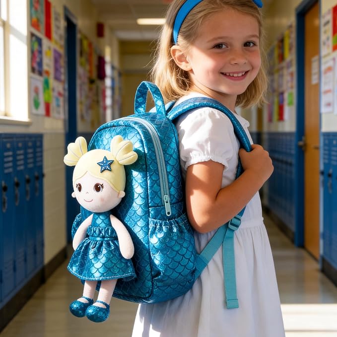 Lazada Toddler Backpack - Baby Girl Gifts Plush Doll Dress Backpack - Fashion Girls Tina Fish Scale Series - Blue 11Inches