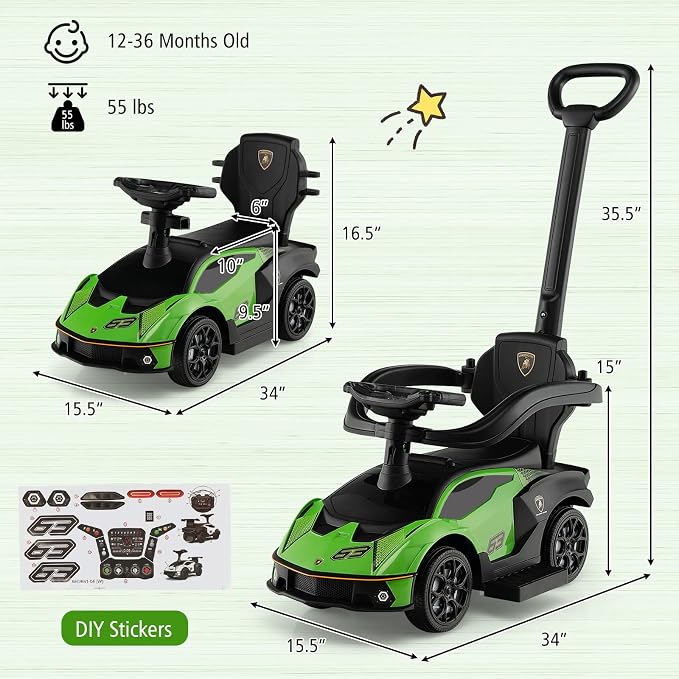 Costzon Push Cars for Toddlers, 3 in 1 Licensed Lamborghini Stroller Sliding Walking Car w/Handle, Armrest Guardrail, Underneath Storage, Horn, Foot-to-Floor Ride On Toy for Boys Girls (Green)