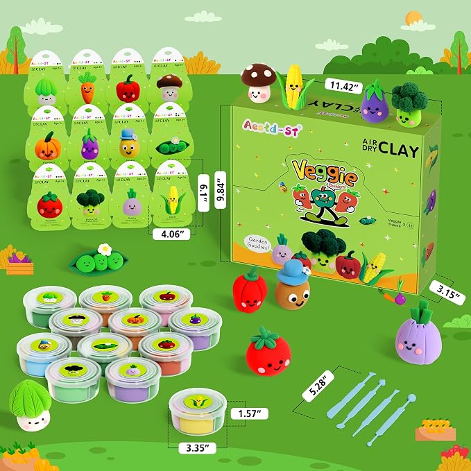 Air Dry Clay Kit - Vegetable Theme, Modeling Clay for Kids, DIY Magic Clay with Tools and Tutorials, 12 Boxes Molding Clay, Ultra Light, Soft & Non-Sticky, Arts and Crafts Gift for Kids