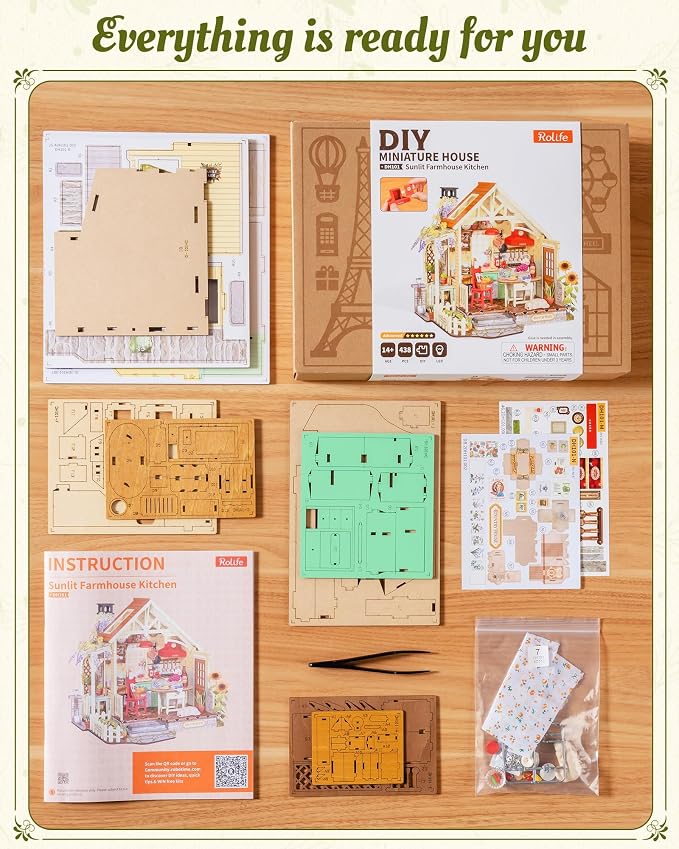 Rolife DIY Miniature House Kit for Adults - 1:18 Farmhouse Kitchen Dollhouse Kit with LED Light, Wooden 3D Puzzle Model Building Set, Tiny House Diorama Craft Kit, Ideal Gift for Men Women Hobbyists