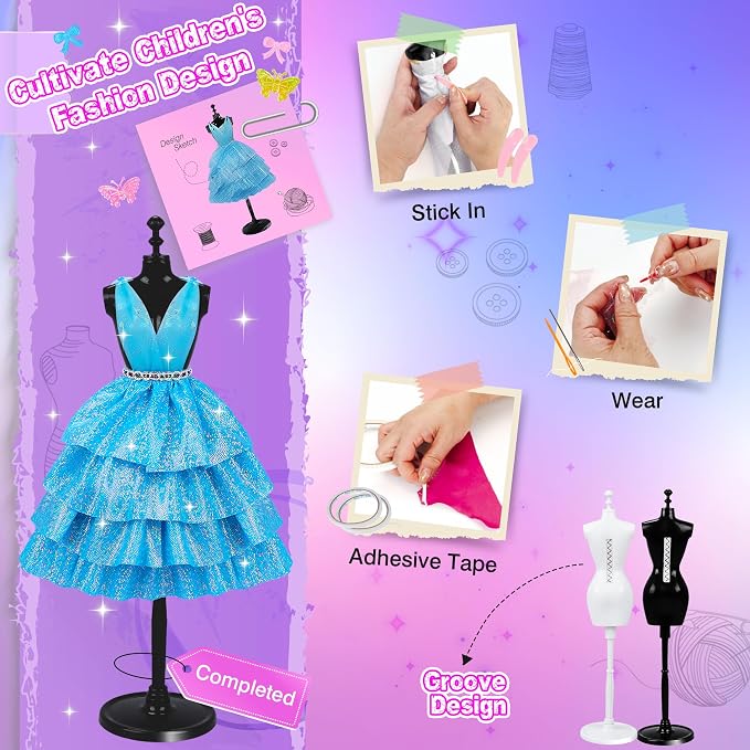 MINIFUN 1500+Pcs Fashion Designer Kit for Girls, Sewing Kit with 7 Mannequins, DIY Arts and Crafts Kit for Kids, Doll Clothes Making Kit, Girl Toys for Age 6 7 8 9 10 11 12 Year Old Gifts