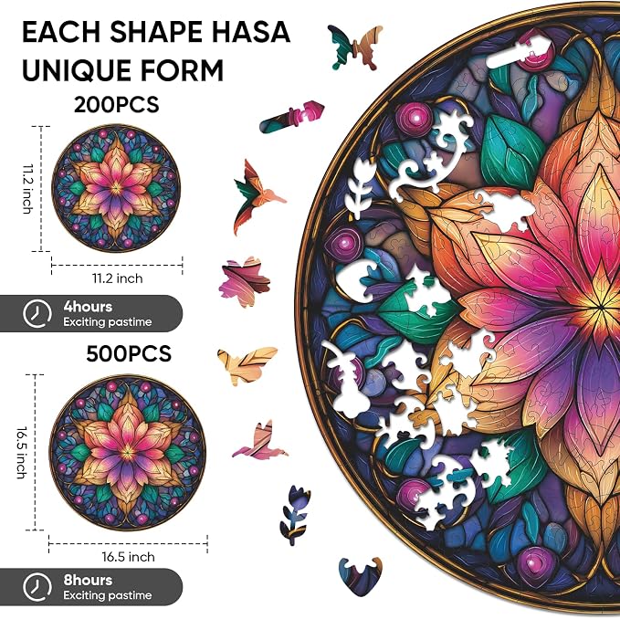 Ixfyloop Wooden Puzzles for Adults Wooden Puzzles, Mandala Puzzle Wood Jigsaw Puzzles Unique Shape, Mandala Game Wooden Puzzles for Adults Birthday Gift, 500 Pieces,16.5x16.5 inch
