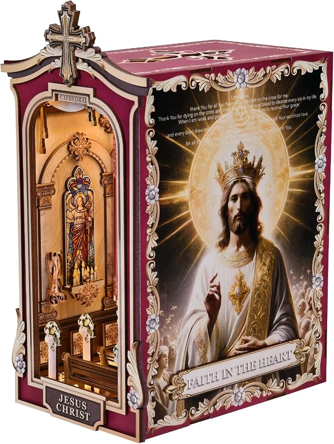 Book Nook DIY Kit,3D Wooden Puzzle with LED Bookend Bookshelf Decoration,Miniature Doll House for Home Decor, Jesus Christ Spiritual Gift,Cathedral