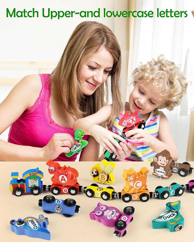 Vanmor Wooden Alphabet Train Set for Toddlers 3-5, Magnetic Animal ABC Train with Uppercase & Lowercase Letter Matching, Montessori Phonics Learning Toy for Preschool & Kindergarten Boys Girls