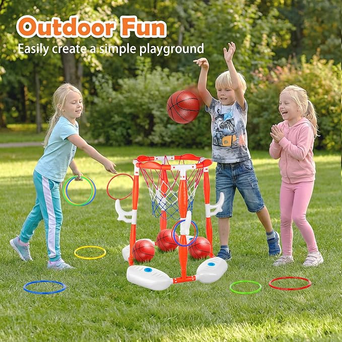 Pool Basketball Hoop, 2-in-1 Floating Pool Toys 360° Shooting Ring Toss Games with 4 Balls 12 Rings & Pump, Indoor Outdoor Swimming Pools Basketball Water Play Toy for 4-8 8-12 Kids Adults