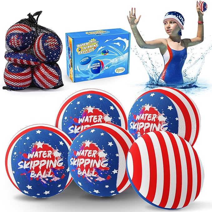 5 Pack Water Bouncing Ball, 4th of July Splash Skip Water Balls for Fly Swimming Pool Games, 5 Pack Colorful Skipping Balls for Kids 4-8-12 and Adult, Summer Toys Gifts Independence Day Water Party