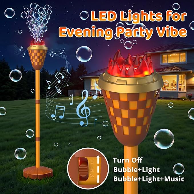 Bubble Machine Toys for Kids: Bubble Torch Blower Maker with Flame Light Music, 47" Adjustable Height, Bubbles Wand Outdoor Toys for Summer Camping Essentials Halloween Wedding Backyard Pool Party