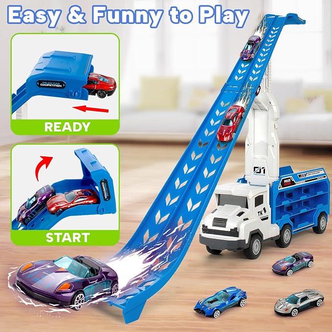 BainGesk Truck Car Toys for 3, 4, 5, 6 Years Old Boys Girls, 25 in Race Track Truck Toys, Foldable 2 Layer Carrier Transport Car with 6 Metal Cars, Birthday Toys Gifts for Toddler