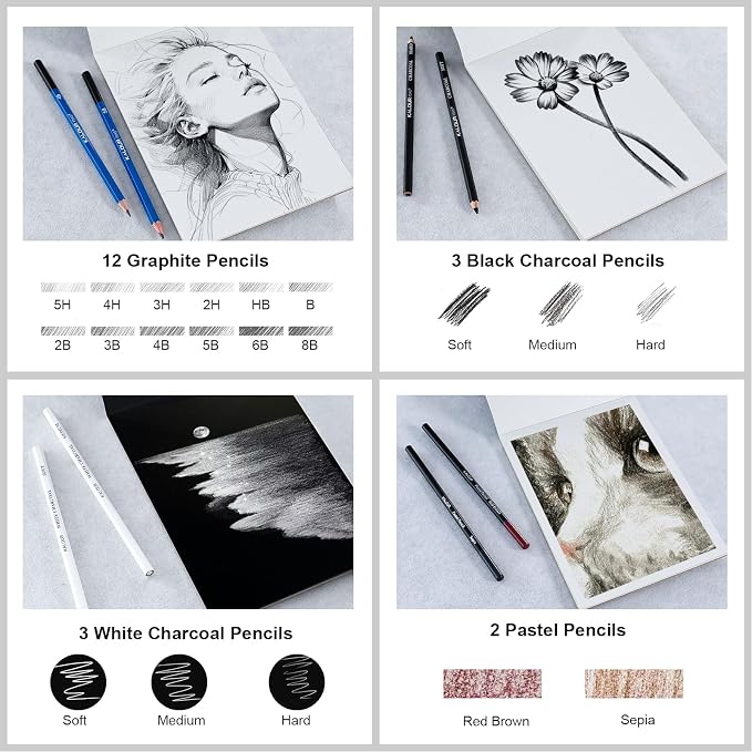 KALOUR PDAS 112 Drawing Set Sketching Kit, Pro Art Supplies with 3-Color Sketchbook & Coloring Book, Neon, Colored, Watercolor, Metallic, Graphite, Charcoal Pencils, Gift for Artists Adults Teens