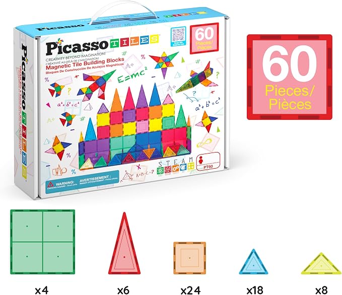 PicassoTiles 60 Piece Set 60pcs Magnet Building Tiles Clear Magnetic 3D Blocks Construction Playboards - Creativity Beyond Imagination, Inspirational, Recreational, Educational, Conventional