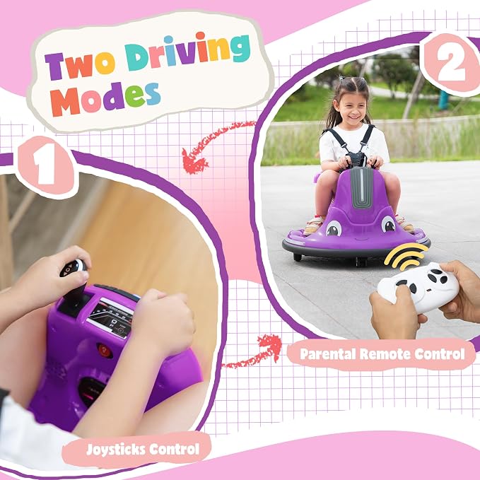 TOBBI Kids Snail Bumper Car, 12V Battery Powered Toddler Electric Ride On Toy with Parent Remote Control/Funny Stickers/360 Degree Spin for Children of Aged 1-6-Violet