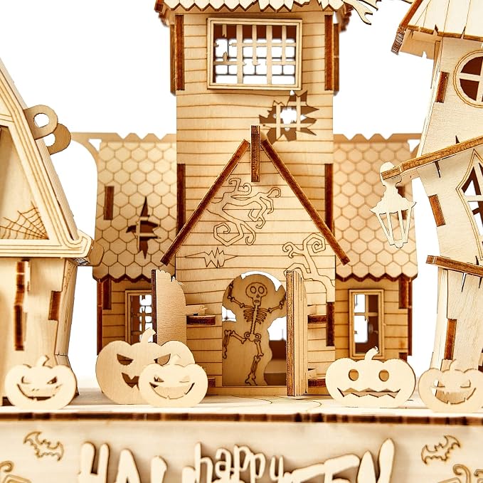 3D Wooden Puzzles Halloween House Kits Includes Light Strip, Brainteaser and Puzzle for Halloween/Birthday,Gifts for Adults and Teens to Build Combination