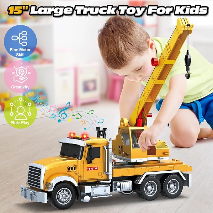Bstoyder Kids Toys for 3 4 5 6 7 8 Years Old Boys, 15" Crane Truck Toy with Lights, Sounds, Toddler Friction Powered Truck Vehicle Toy for Boys Girls Birthday Gifts