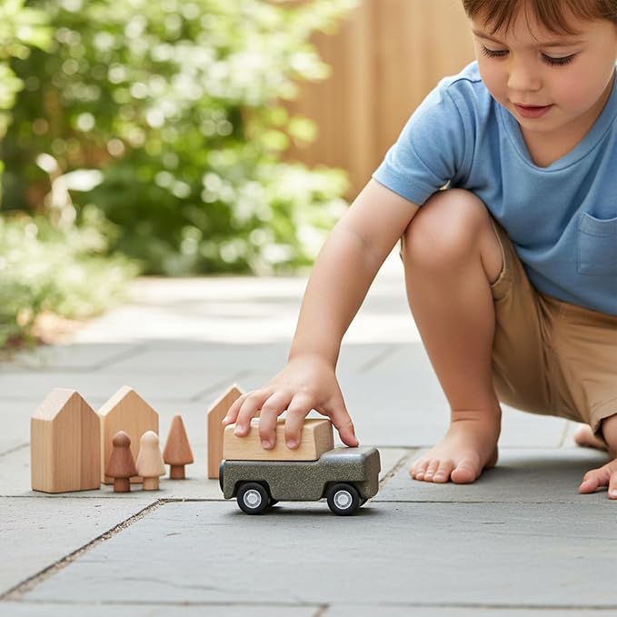 PlanToys® Grey Wagon Wooden Montessori Pull Along Toy | Early Movement, Balance and Practical Life Exploration | Eco Friendly Wagon for Indoor and Outdoor Play