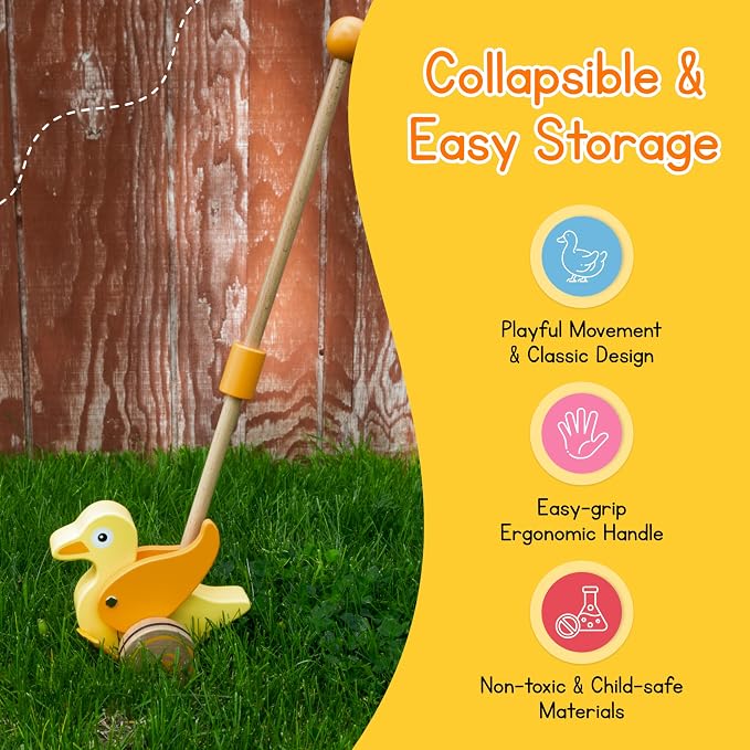 Wooden Duck Push Toy by Jack Rabbit Creations- Classic Toddler Push Toy for Early Walking, Balance and Motor Skills Development- Collapsible & Eco-Friendly- Boys & Girls Ages 1+