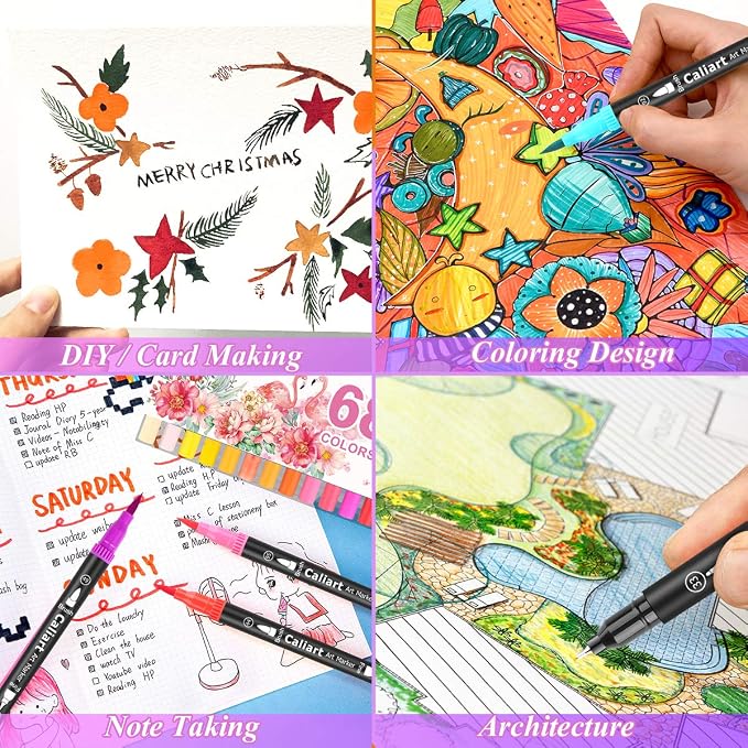 Caliart 34 Double Tip Brush Pens Art Markers, Artist Fine & Brush Markers for Adult Coloring Books Journaling Calligraphy Lettering Planners Cards Drawing Craft Kit Teacher Office Supplies