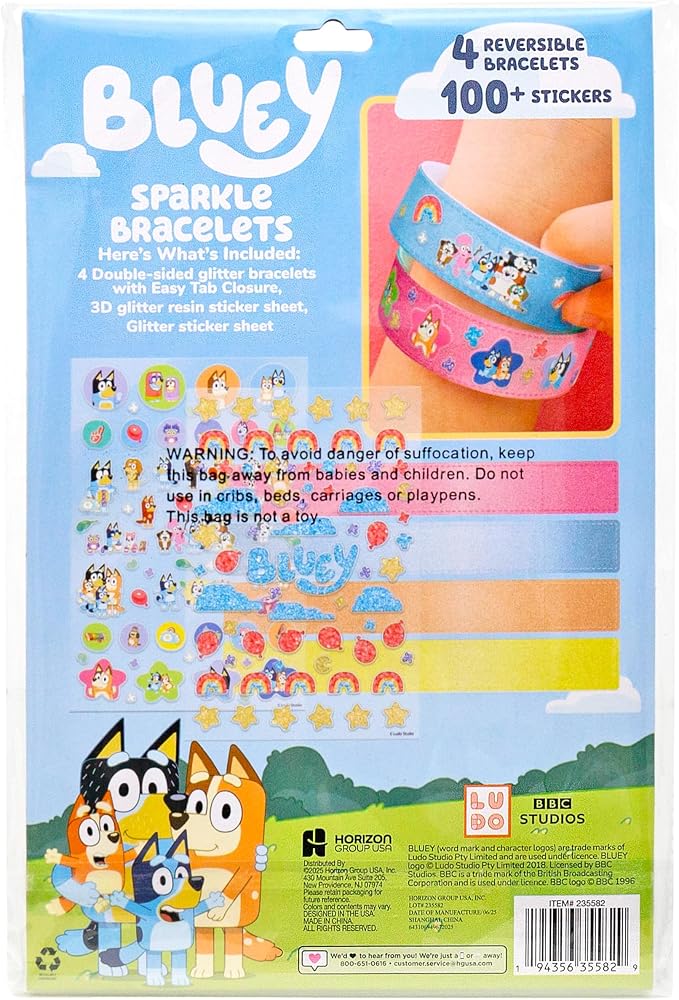 Bluey Sparkle Bracelet Making Kit, 4 Reversible Bracelets with Easy Closure, 100+ Traditional and Puffy Resin Stickers, DIY Bluey Jewelry, Arts and Crafts for Kids Age 8-12, Toddler Gifts