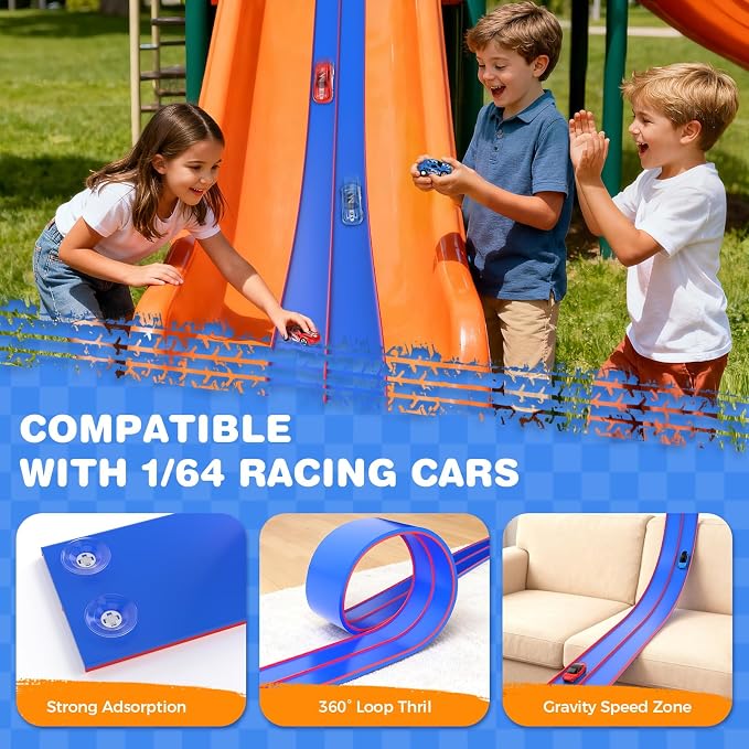 15 Ft Flexible Race Track for Kids, DIY Car Track Set with 2 Toy Cars & 3 Suction Cup Ramps, Easter Basket Stuffers for Teens & Boys Girls, Creative Easter Gifts for Kids, Blue