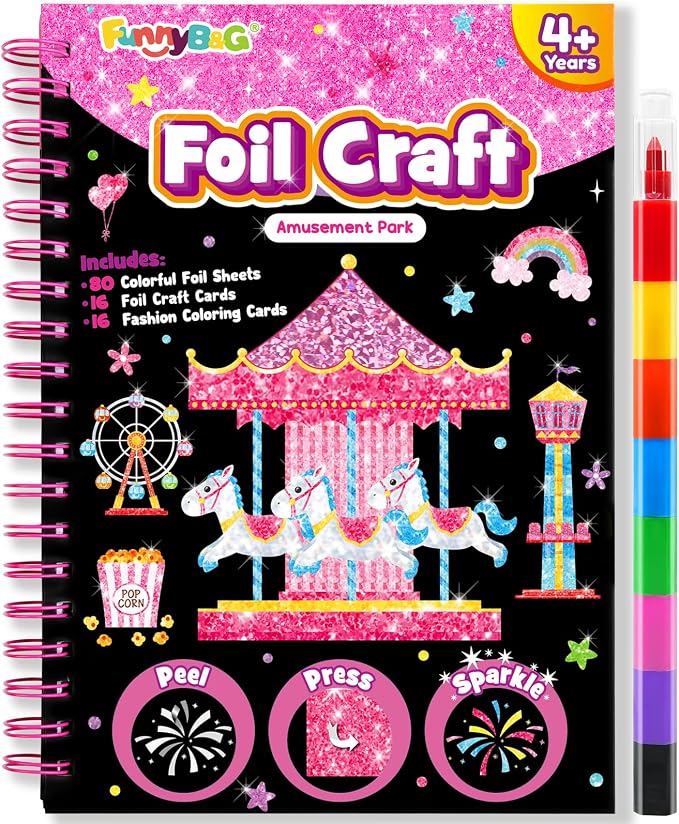 FUNNYB&G Foil Art Craft Kit for Girls 4-10 Years Old: Mess-Free & No-Glue, Create 16 Sparkly Amusement Park Pictures – Perfect Travel Toy & Birthday Gift for Kids （Amusement Park）