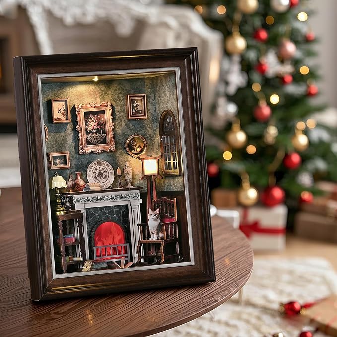 Book Nook Kit - 3D Wooden Puzzle with LED Switch Control & Wall-Mountable Frame,DIY Miniature House for Beginners,Bookshelf/Tabletop/Wall Decor for Craft Lovers,Dollhouse Gift,Fireplace
