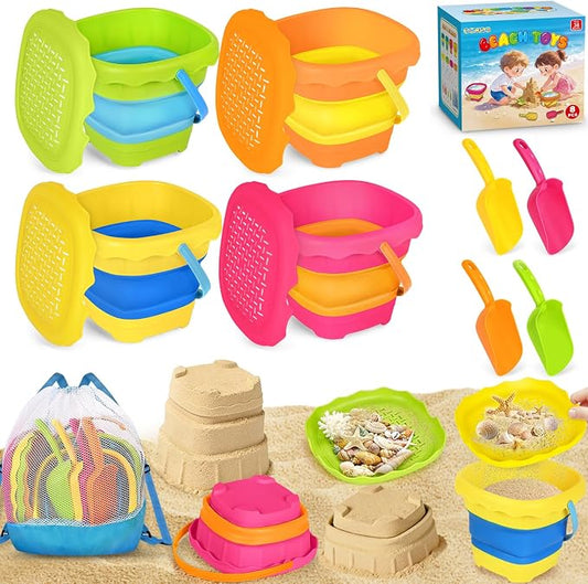 OCHIDO 4 Pack Beach Sand Toys for Kids, Travel Beach Toys with 4 Collapsible Beach Bucket, Sifter, Shovel & Storage Mesh Bag, Summer Outdoor Sandbox Toys for Boys Girls 3 4 5 6 7 8 9 10 Year Old