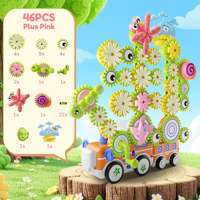 Gears Building Toys for Kids Ages 3+, STEM Construction Set for Toddlers, Train and Flower Models with Electric & Manual Modes, Lights and Music, DIY Educational Learning Toys Gift for Boys and Girls