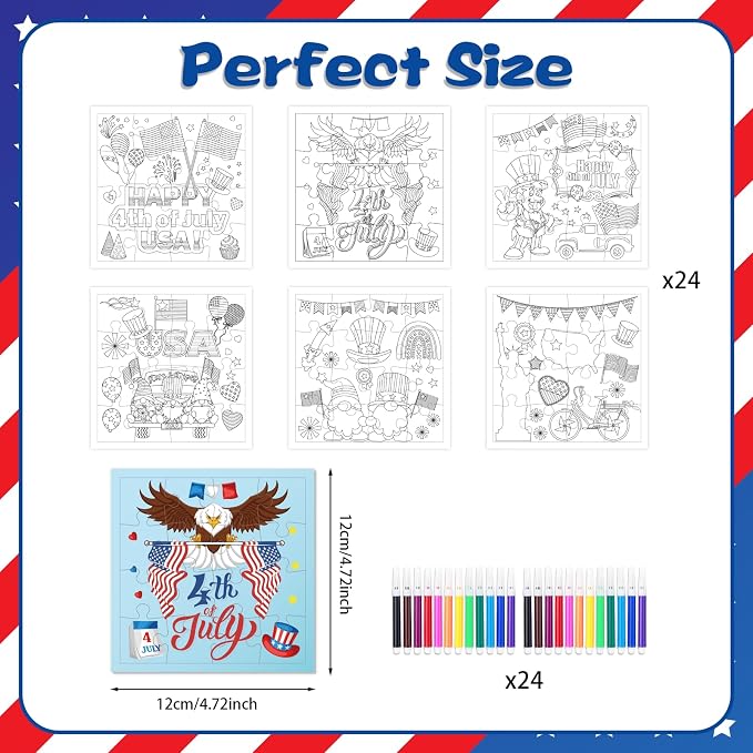 Fennoral 24 Pack 4th of July Craft Kit for Kids Color You Own Patriotic Jigsaw Puzzle with Base DIY Coloring Independence Day Art and Craft for Classroom Activity Party Favor Supplies,4.7inch