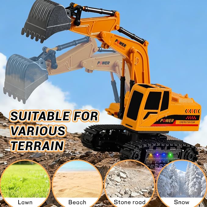 Remote Control Excavator Toy 12-Channel Mini RC Excavator with 2 Batteries & Metal Bucket Lights Sounds RC Digger Construction Vehicles Toys for Boys 3+ Years Old