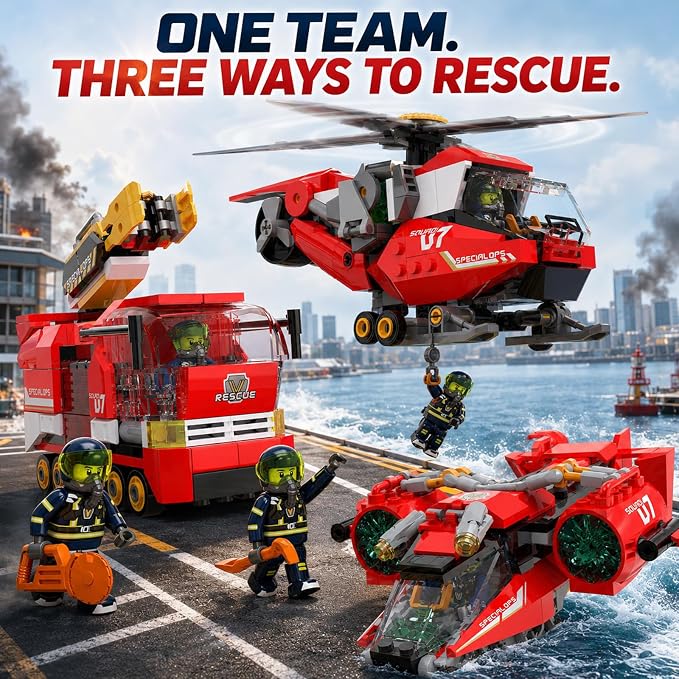 3 in 1 City Fire Rescue Building Sets, Compatible with Lego City, Fire Truck, Helicopter & Rescue Plane, 9 Rebuildable Modules, 3 Firefighter Figures, STEM Toys Gift for Kids Boys Age 8-12 + (879 PCS)