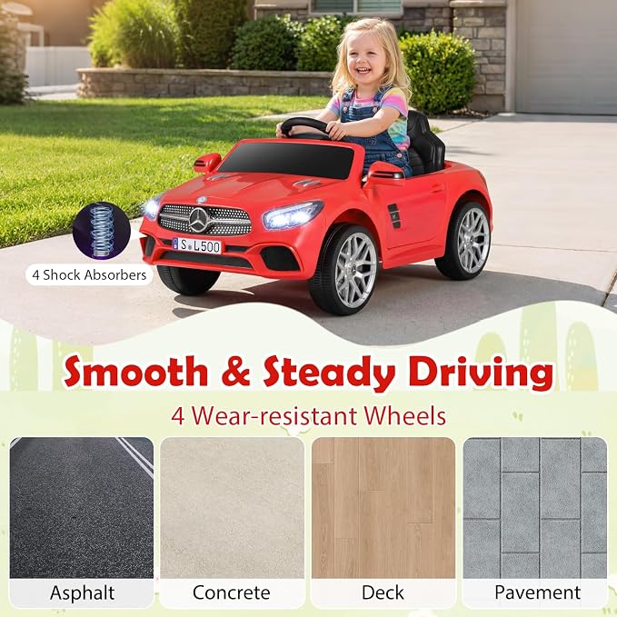 Costzon Ride On Car, 12V Licensed Mercedes Benz Electric Vehicles with Parent Remote Control, LED Headlights, Music & Wireless Connection, Kids Car for Boys Girls Aged 3-8 (SL500,Red)