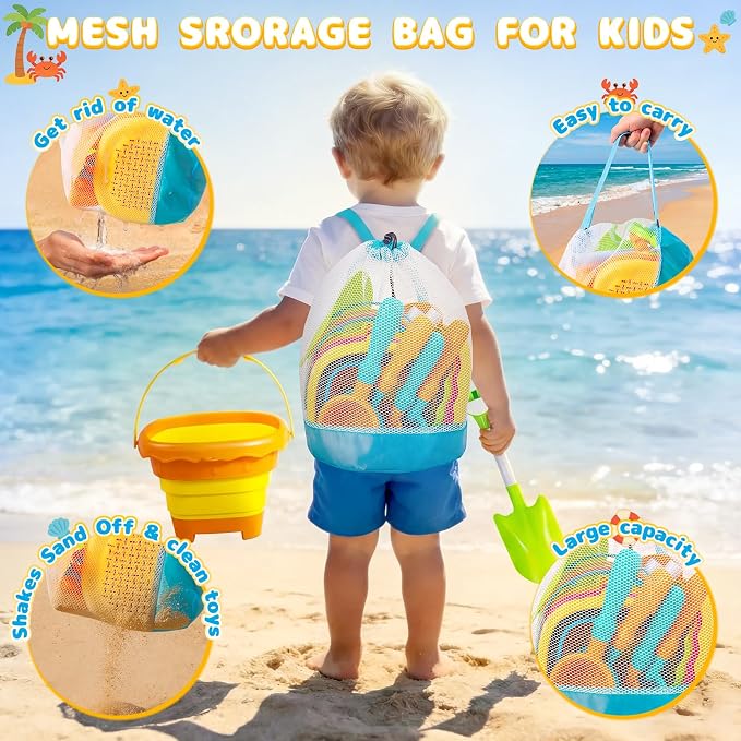 Letapapa Beach Sand Toys for Kids, Travel Sand Toys with 4 Collapsible Beach Buckets, Sifter Shovels Set & Mesh Bag, Beach Outdoor Sandbox Toys for Toddler Boys Girls 3 4 5 6 7 8 9 10 Year Old