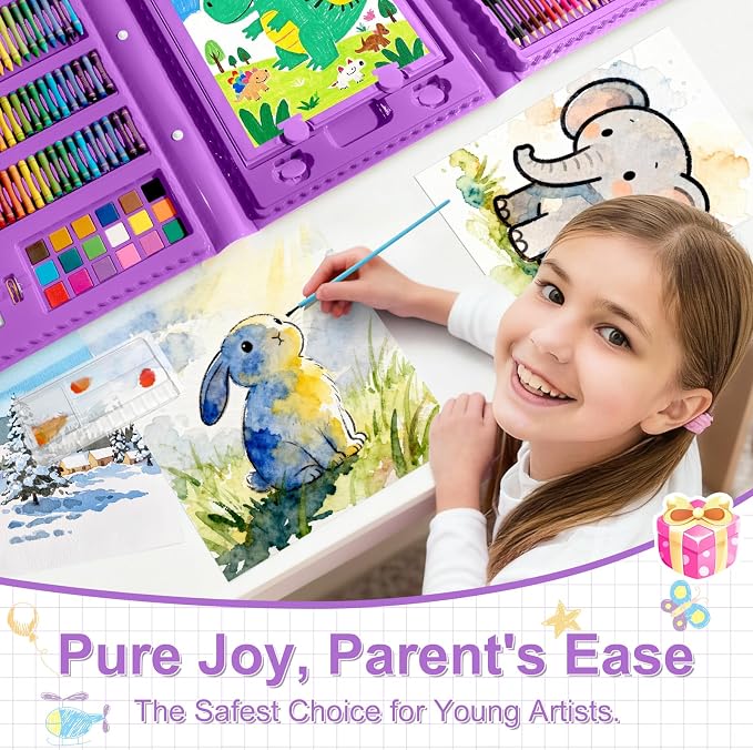 GOTIDEAL Art Supplies for Kids,Drawing Art Kit,210 PCS Kids Art Set with Double Sided Trifold Easel,Coloring Book, Crayons, Markers, Watercolor Pens, Arts & Crafts,Gift for 4-12 Year Old Girl(Purple)