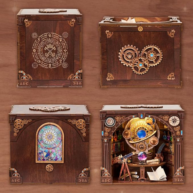 DIY Miniature Dollhouse Kit,3D Wooden Puzzles for Adults to Build, Birthday/Christmas Day Gift for Astronomy & Steampunk Lovers,Mini Zodiac Library with LED Lights,Star Trail Magic Workshop