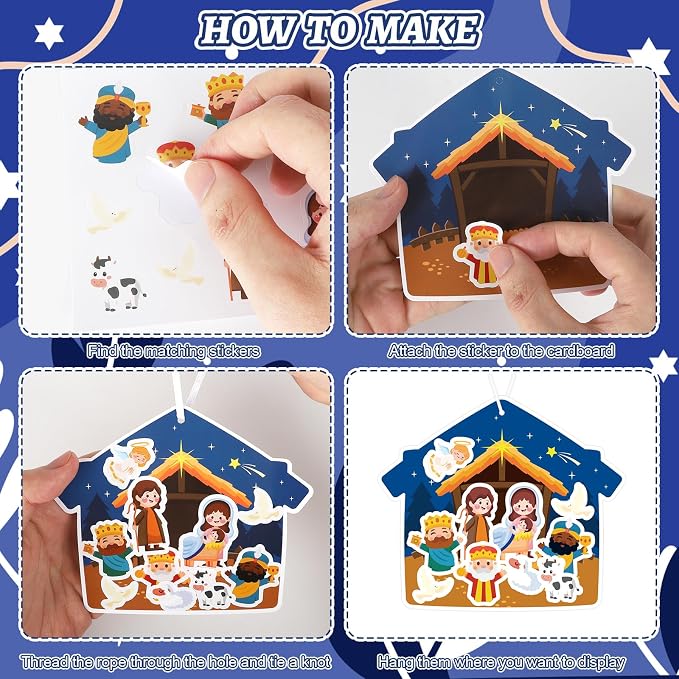 PAIVSUN 24Pcs Nativity Craft Sticker, Make a Nativity Scene Stickers DIY Hanukkah Christmas Crafts Kits for Xmas Tree Ornament Classroom Religious Christian Party Game Supplies, 2 Designs