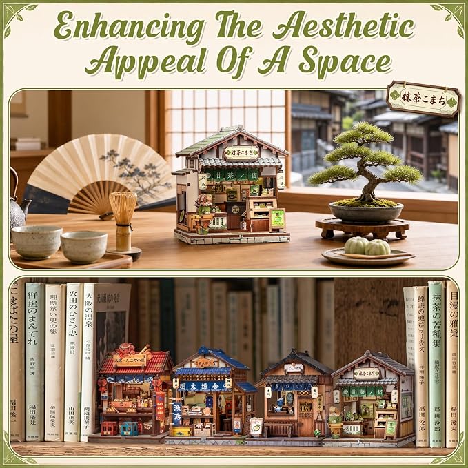 Cutefun DIY Miniature House Kit, 128 Pcs 3D Wooden Puzzle Tiny House Mini House Building Kit for Beginners & Teens, Palm-Sized Japanese Booknook Dollhouse for Bookshelf Decor (Kyoto Matcha Cottage)